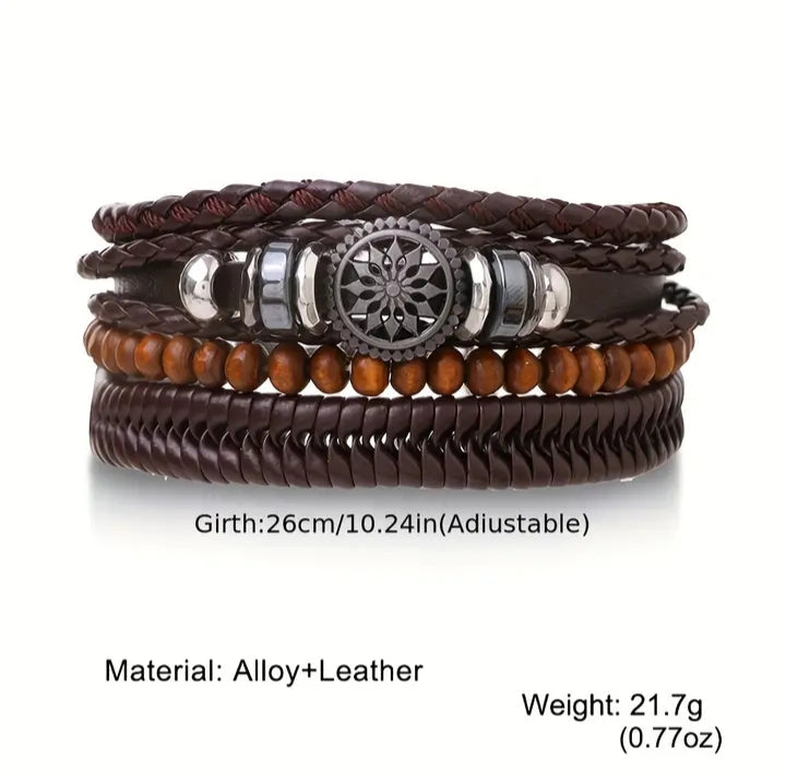 Beaded and braided leather bracelet set