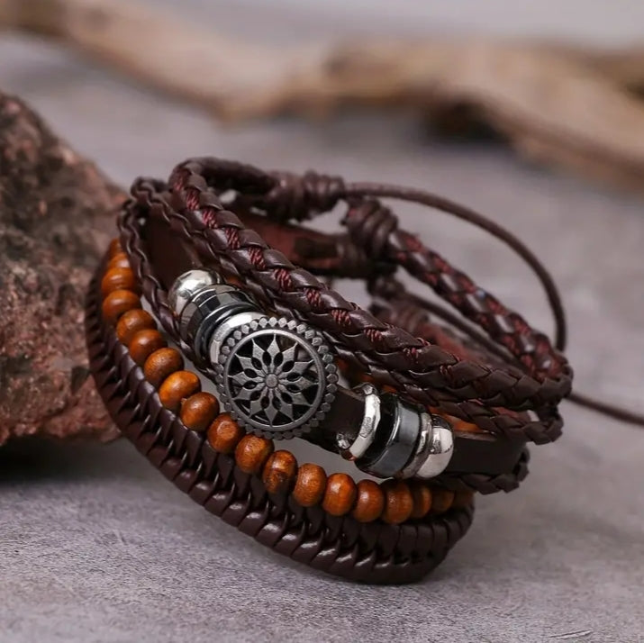 Beaded and braided leather bracelet set
