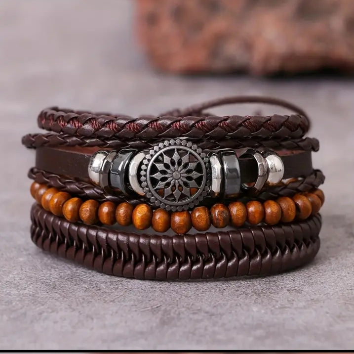 Beaded and braided leather bracelet set