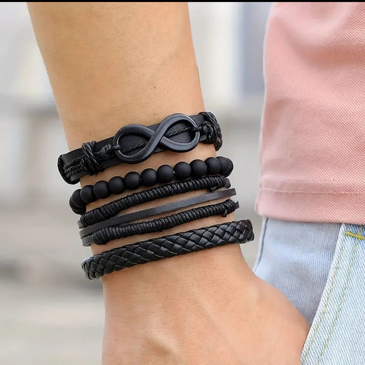 Infinity beaded and braided leather bracelet set