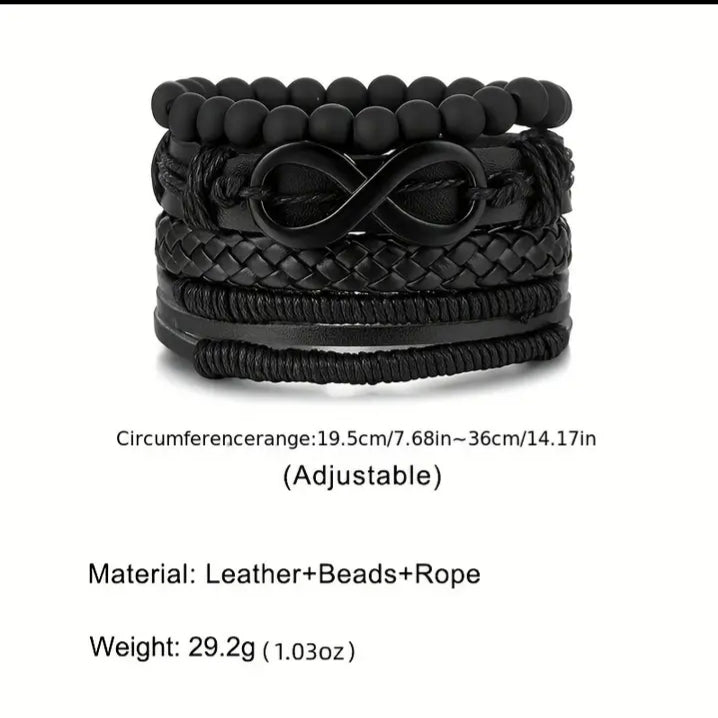 Infinity beaded and braided leather bracelet set