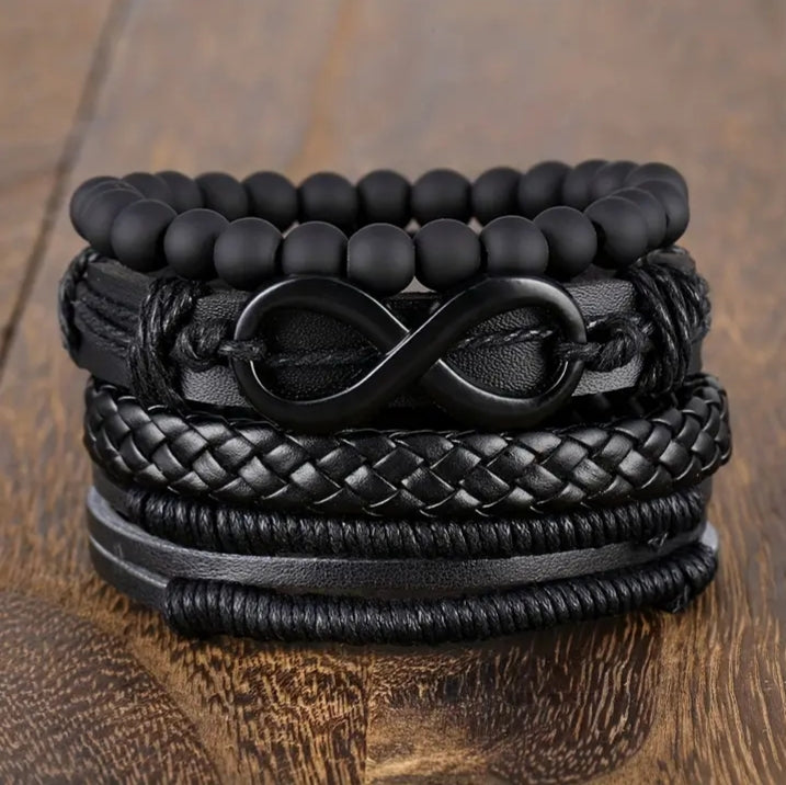 Infinity beaded and braided leather bracelet set