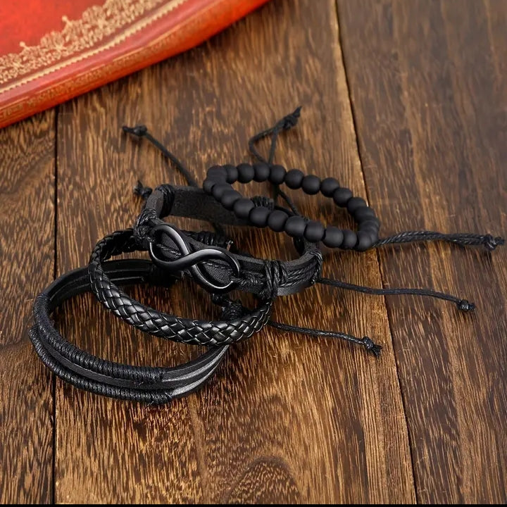 Infinity beaded and braided leather bracelet set