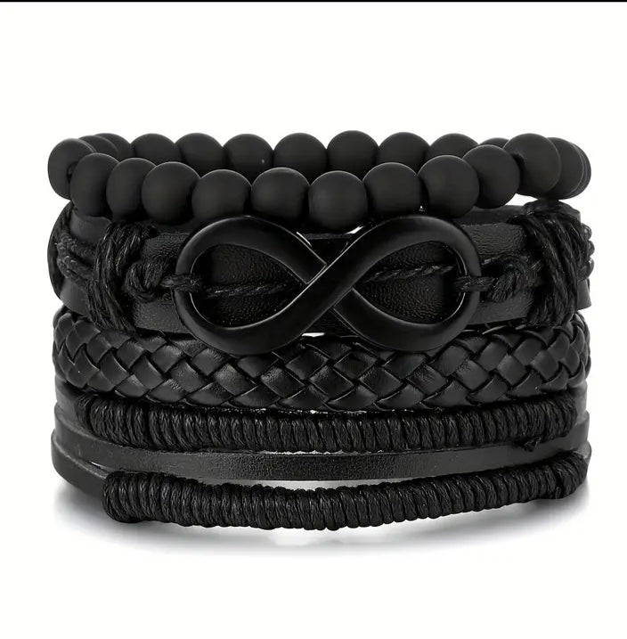 Infinity beaded and braided leather bracelet set