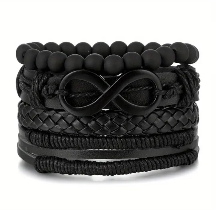 Infinity beaded and braided leather bracelet set