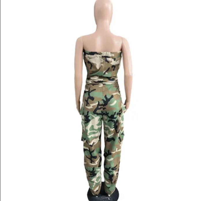 Camo print off shoulder jumpsuit