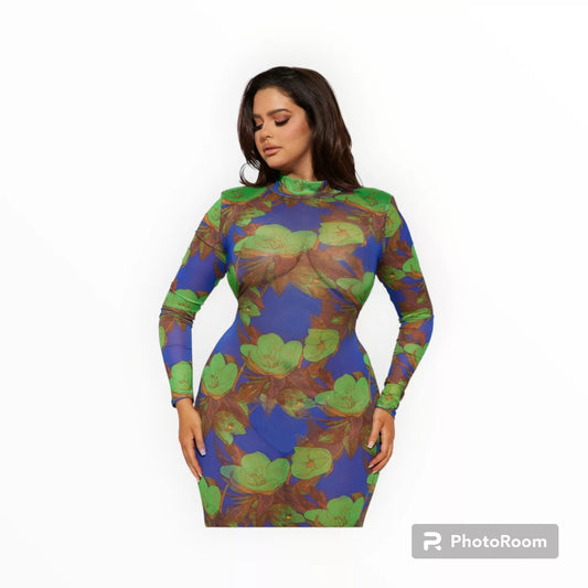 Floral meshed mock-neck long sleeve maxi dress