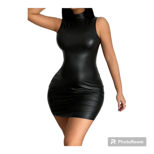 Mock neck faux leather mini dress