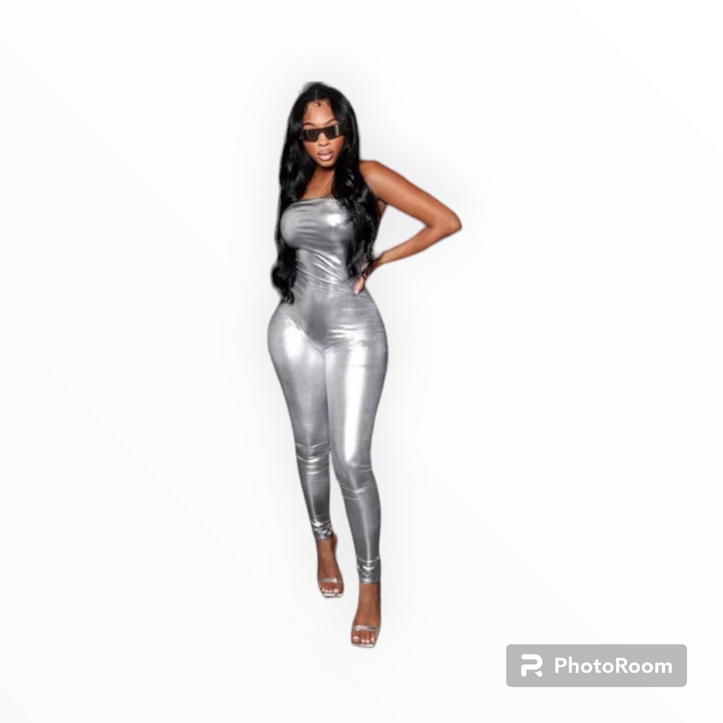 Metallic silver off shoulder jumpsuit