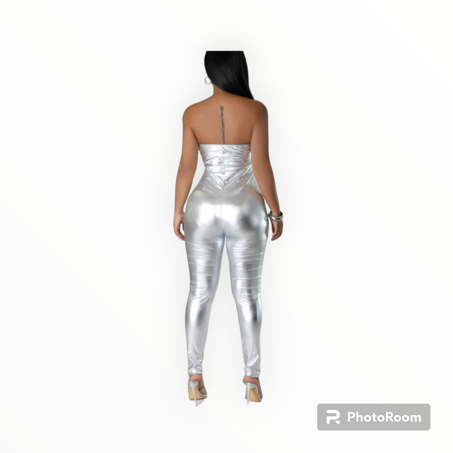 Metallic silver off shoulder jumpsuit