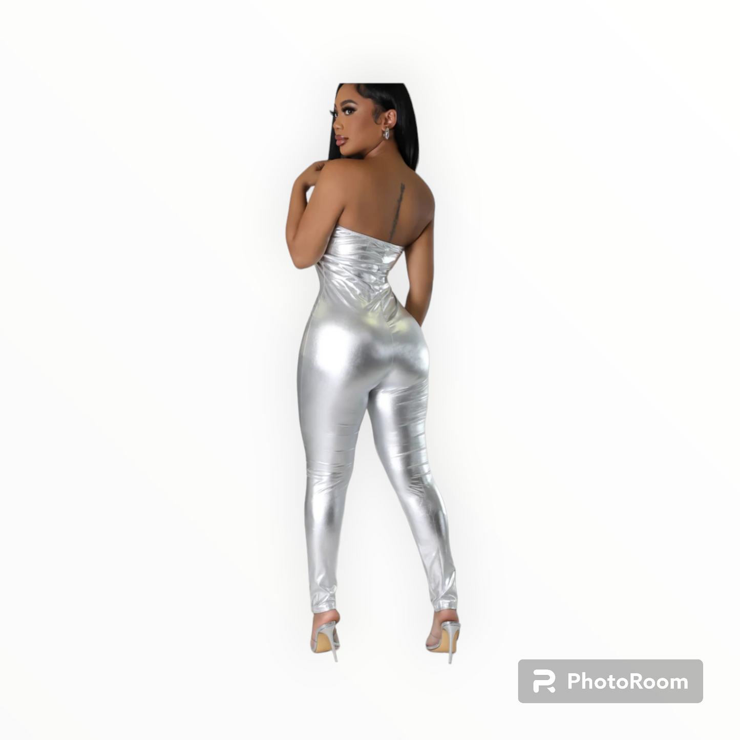 Metallic silver off shoulder jumpsuit
