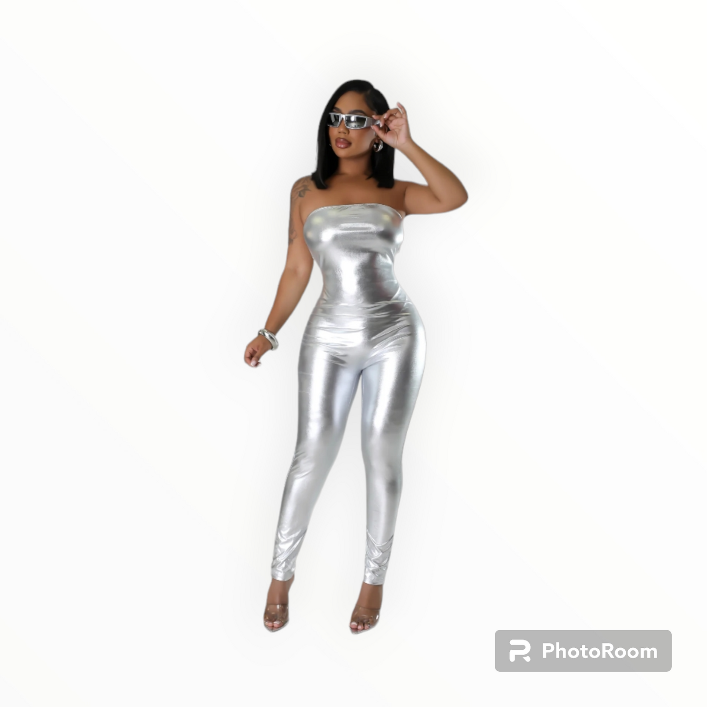 Metallic silver off shoulder jumpsuit