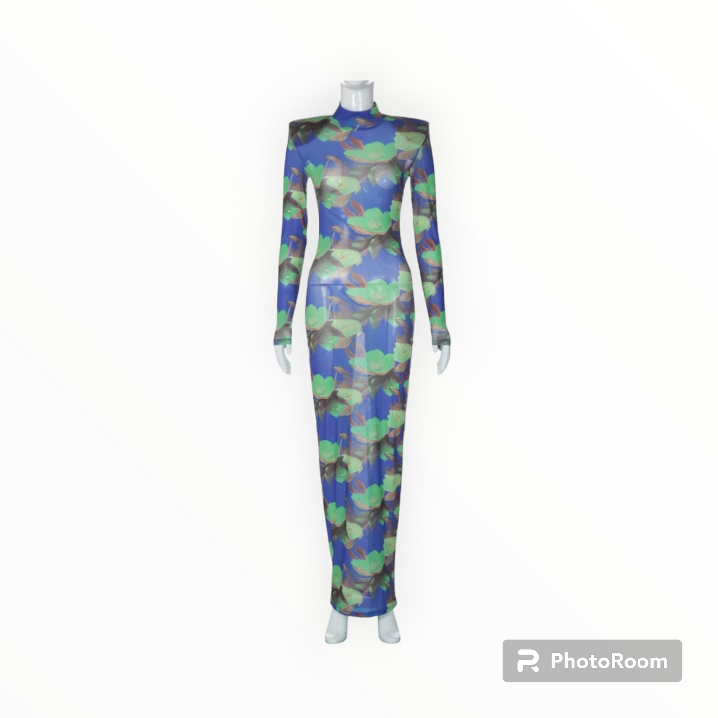 Floral meshed mock-neck long sleeve maxi dress