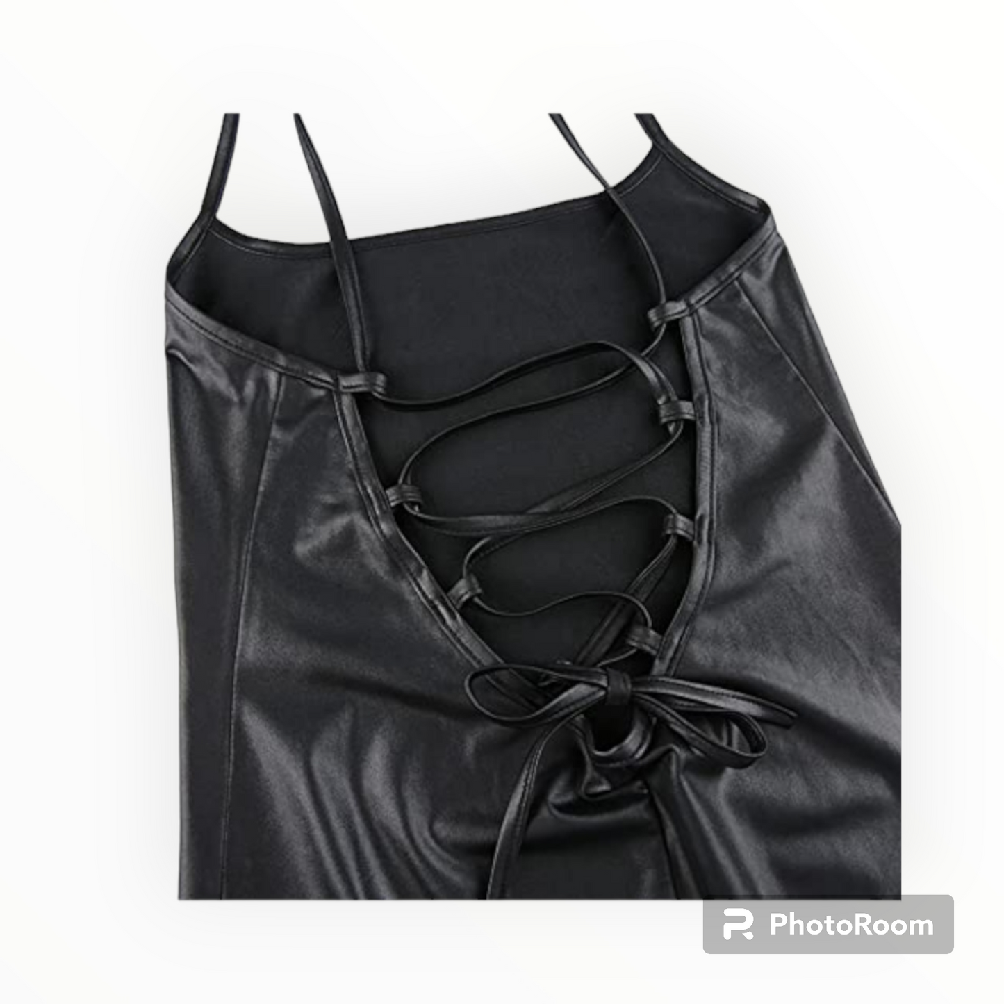 Women faux leather backless cross strap dress