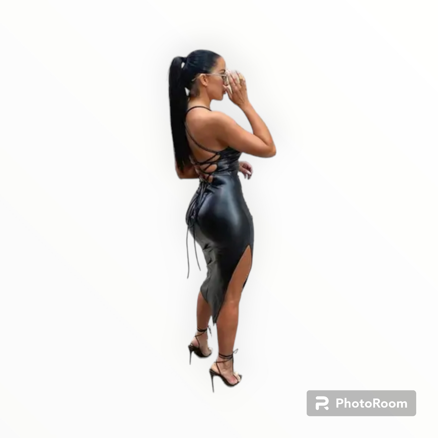 Women faux leather backless cross strap dress