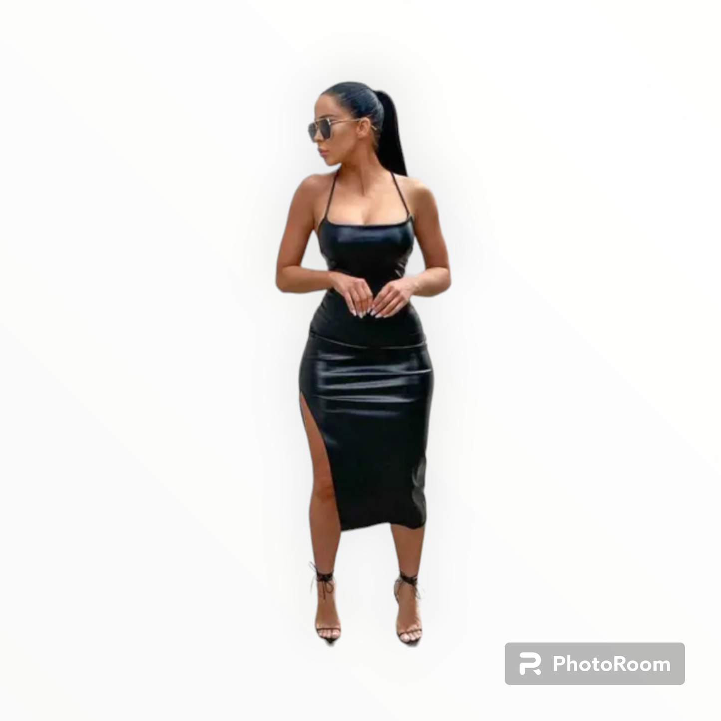 Women faux leather backless cross strap dress