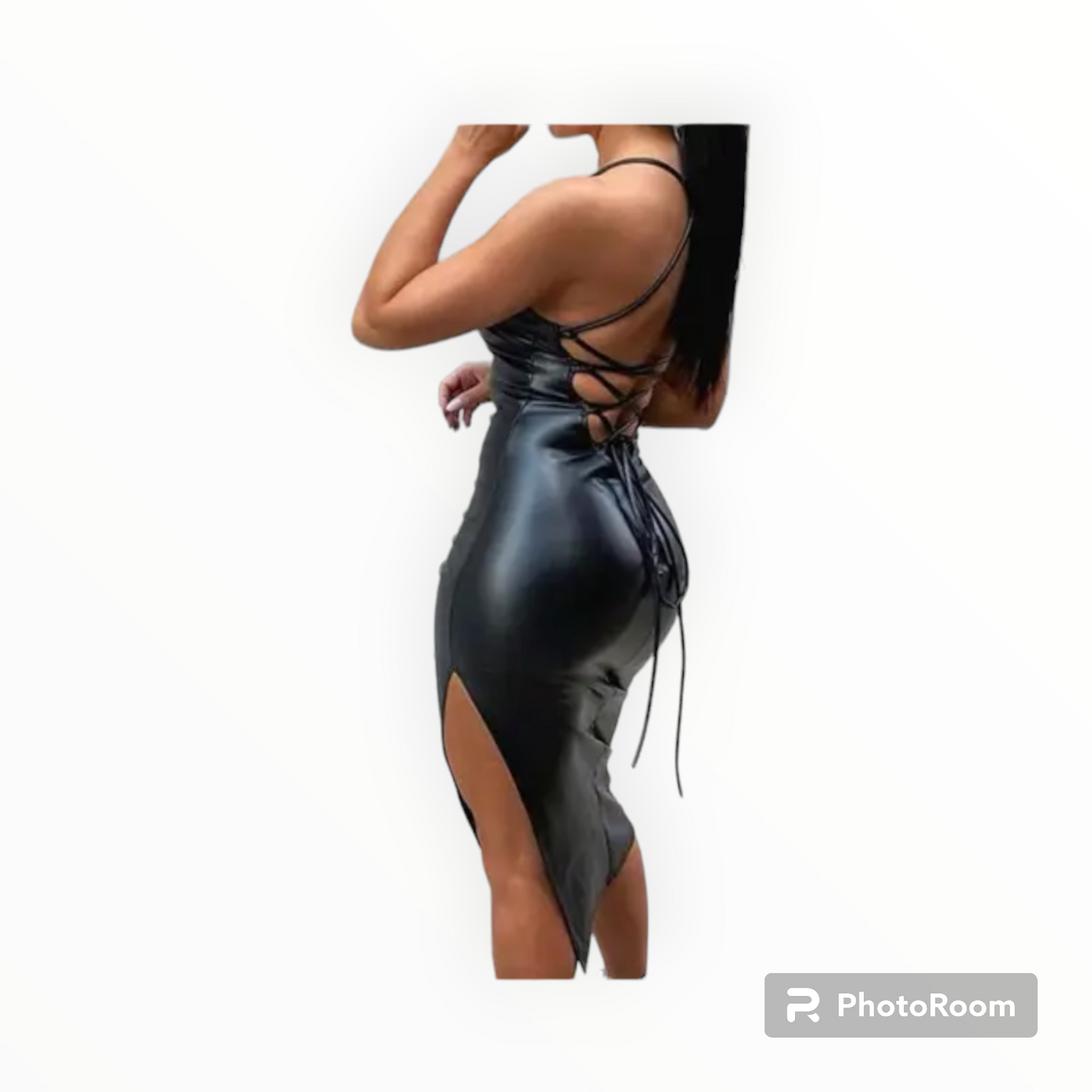 Women faux leather backless cross strap dress