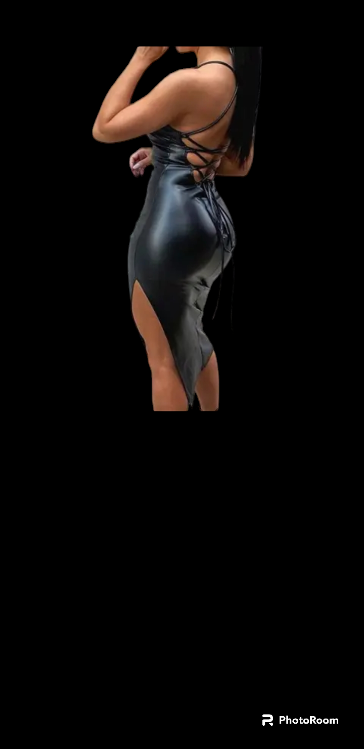 Women faux leather backless cross strap dress