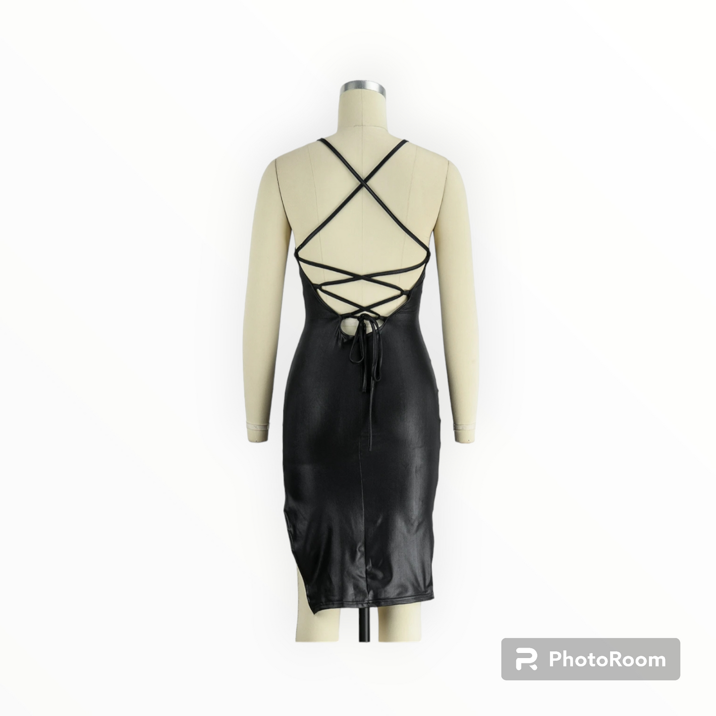Women faux leather backless cross strap dress