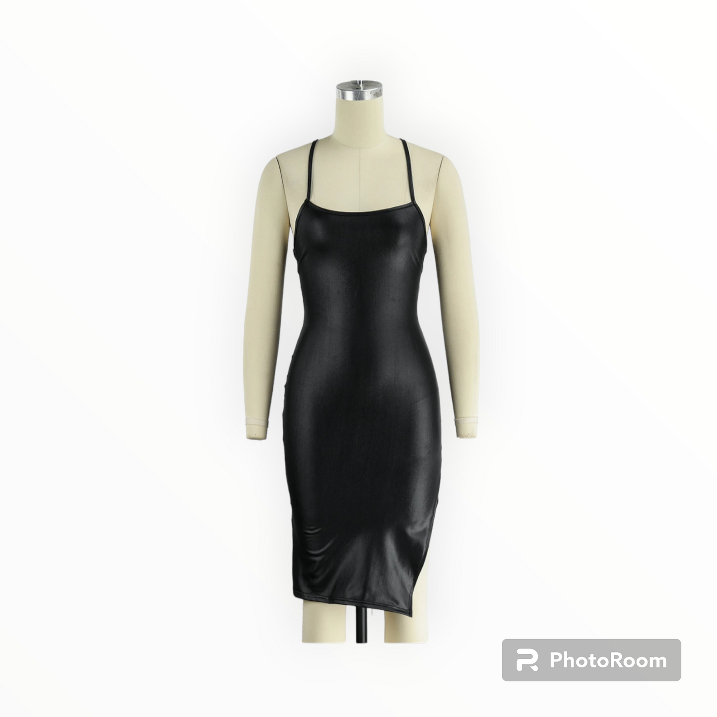 Women faux leather backless cross strap dress