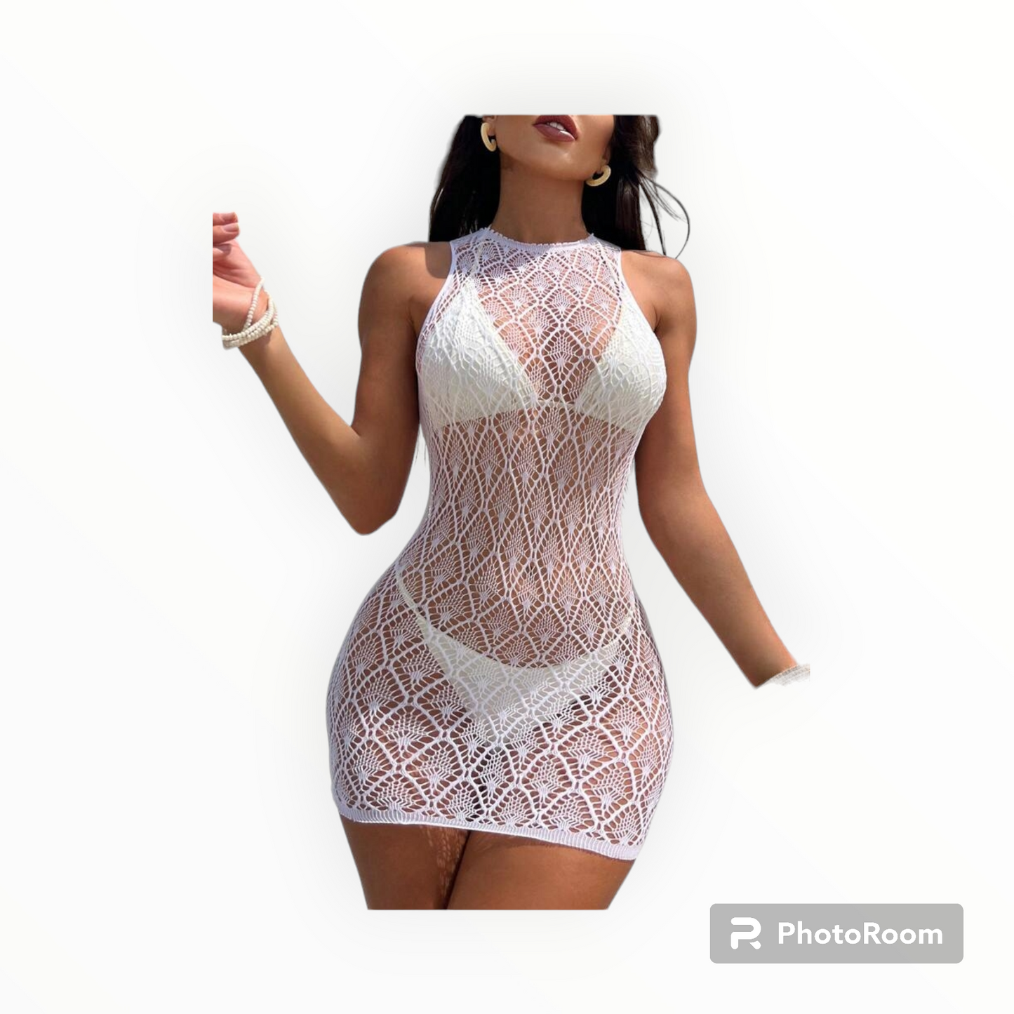 Diamond prints mesh swimwear cover up