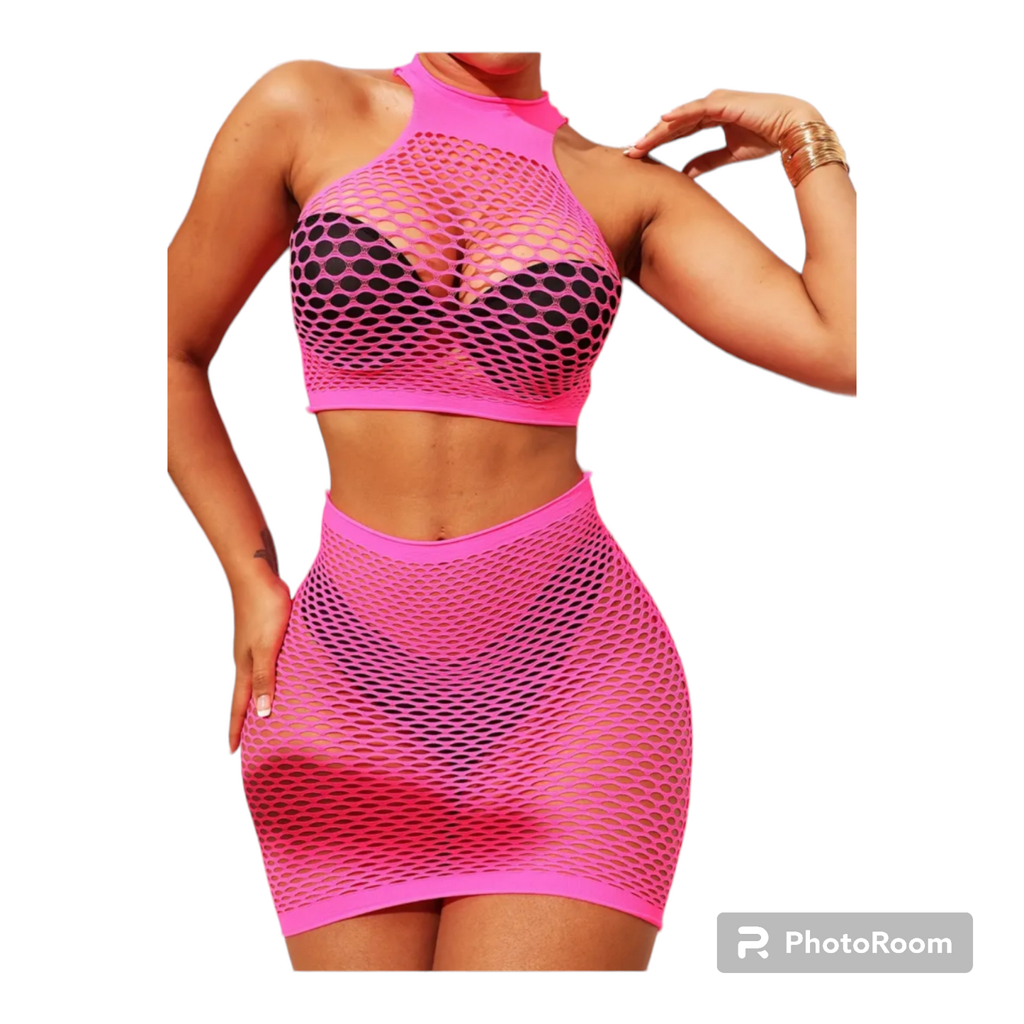 Two piece fishnet swimwear cover up
