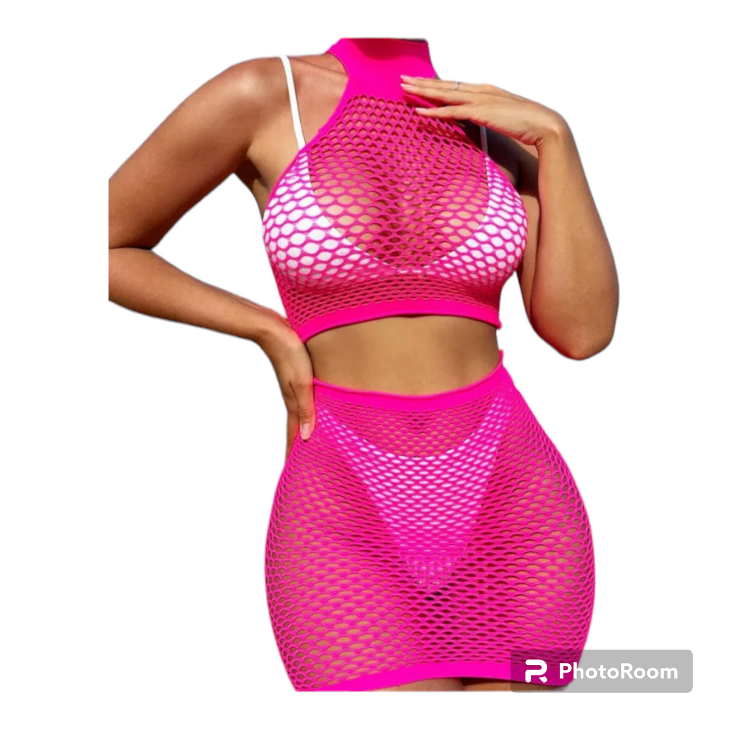 Two piece fishnet swimwear cover up