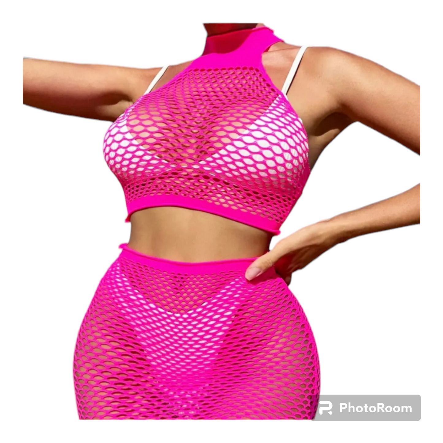 Two piece fishnet swimwear cover up