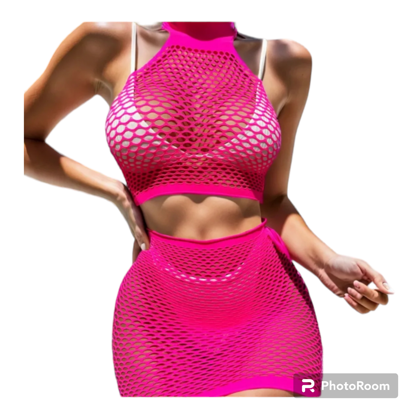 Two piece fishnet swimwear cover up