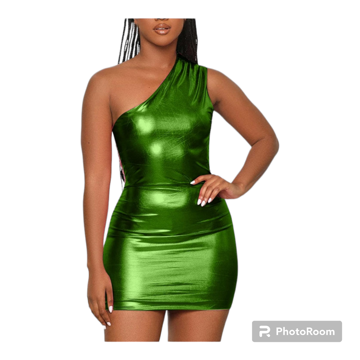 Women Metallic Green one shoulder mini dress
