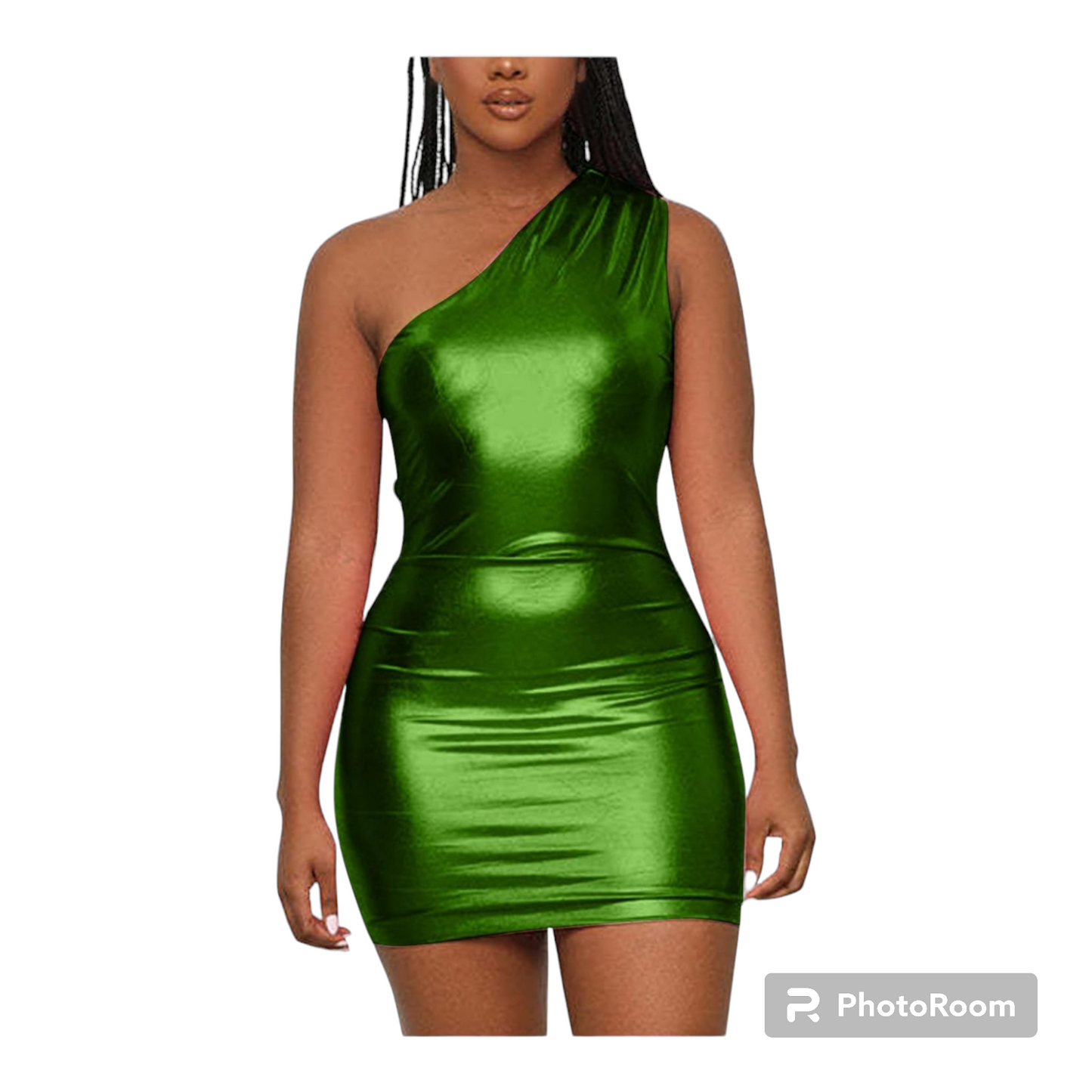 Women Metallic Green one shoulder mini dress