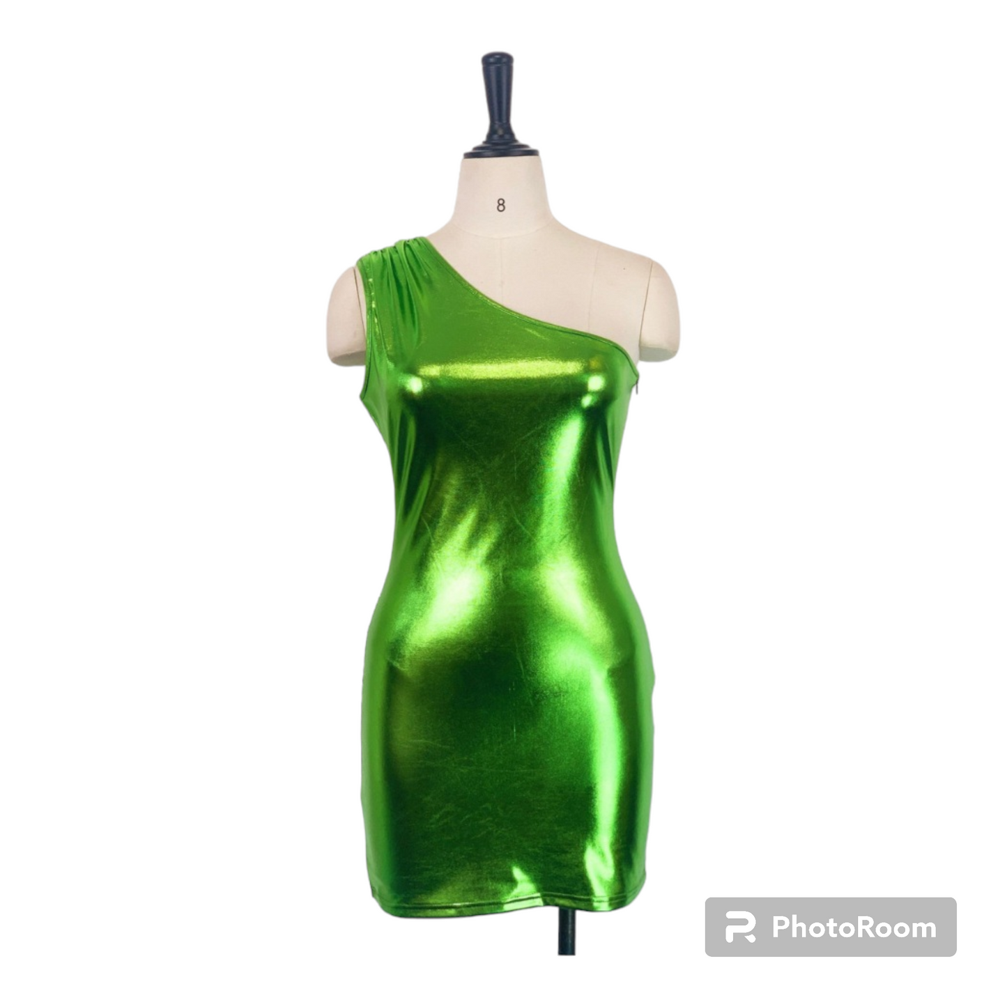 Women Metallic Green one shoulder mini dress