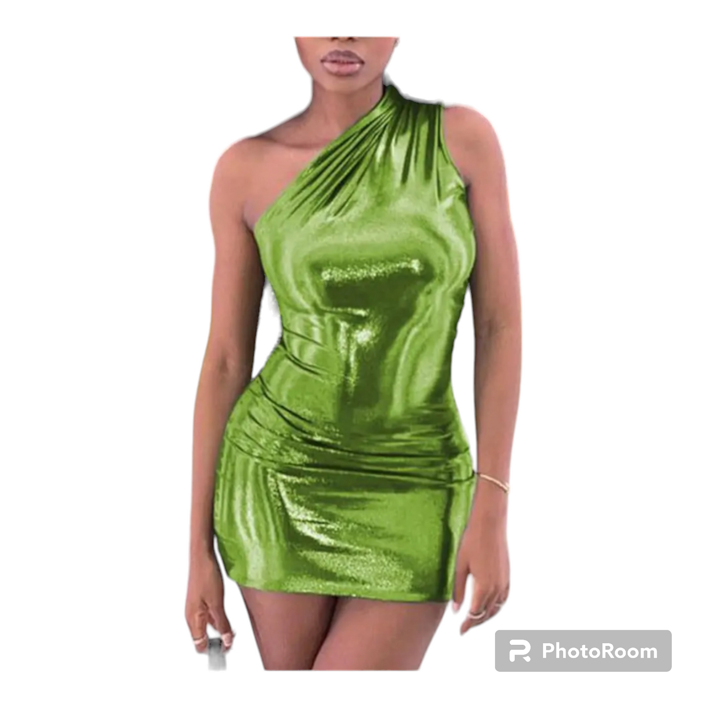 Women Metallic Green one shoulder mini dress