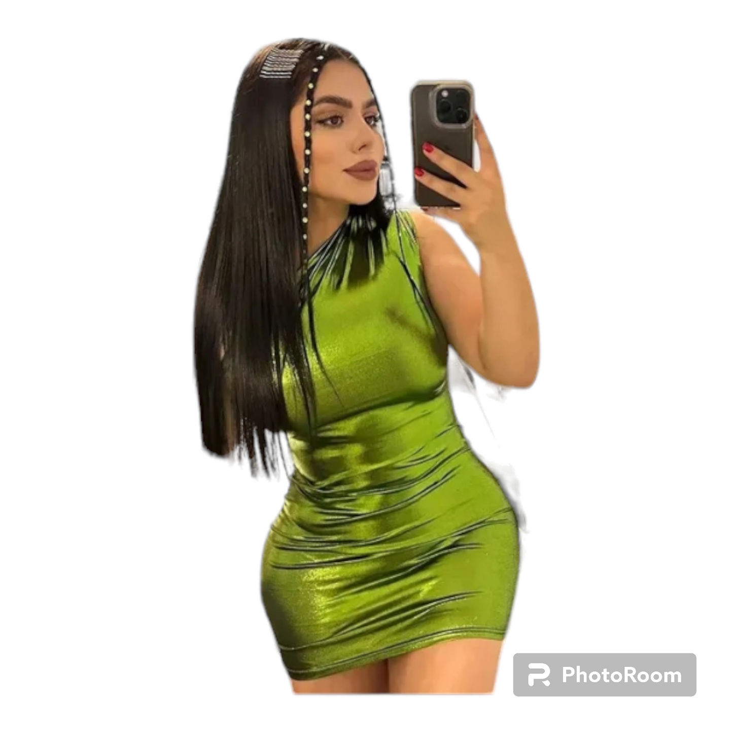 Women Metallic Green one shoulder mini dress