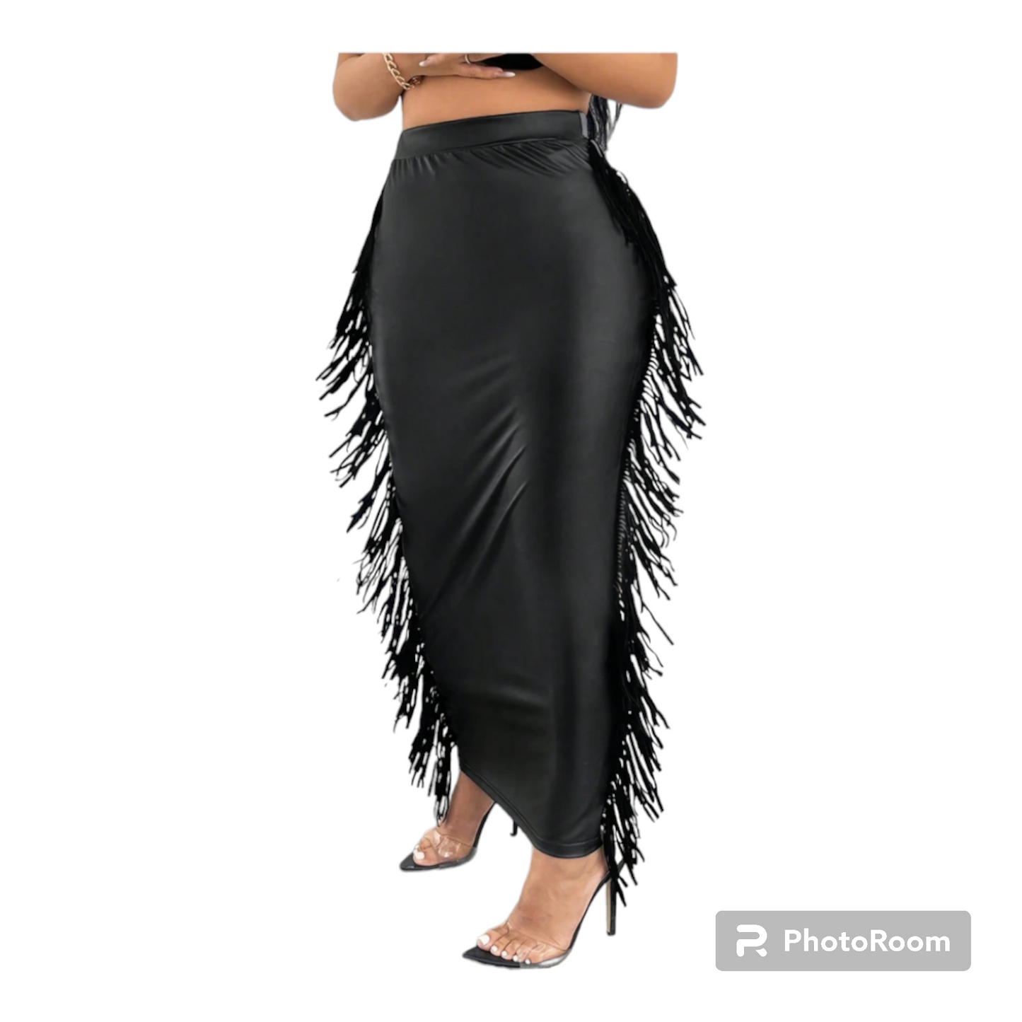 Plus size Leather Fringe trim maxi skirt