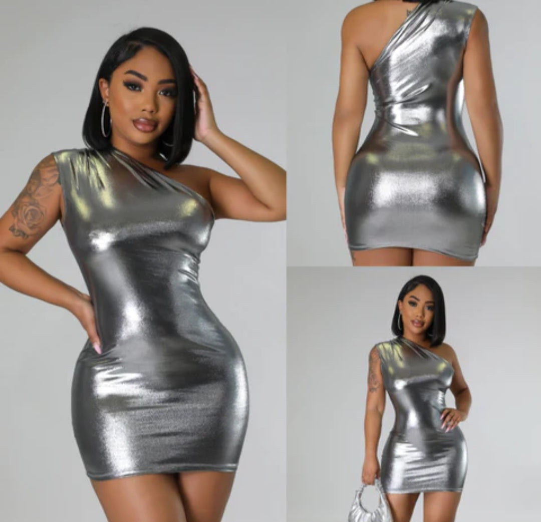 Women Metallic One Shoulder Mini Dress