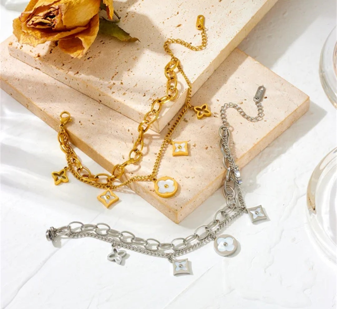 LV inspired four leaf clover charm bracelet