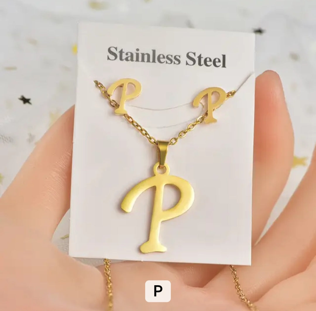 Stainless Steel Silver Gold Alphabet Necklace and Earrings set