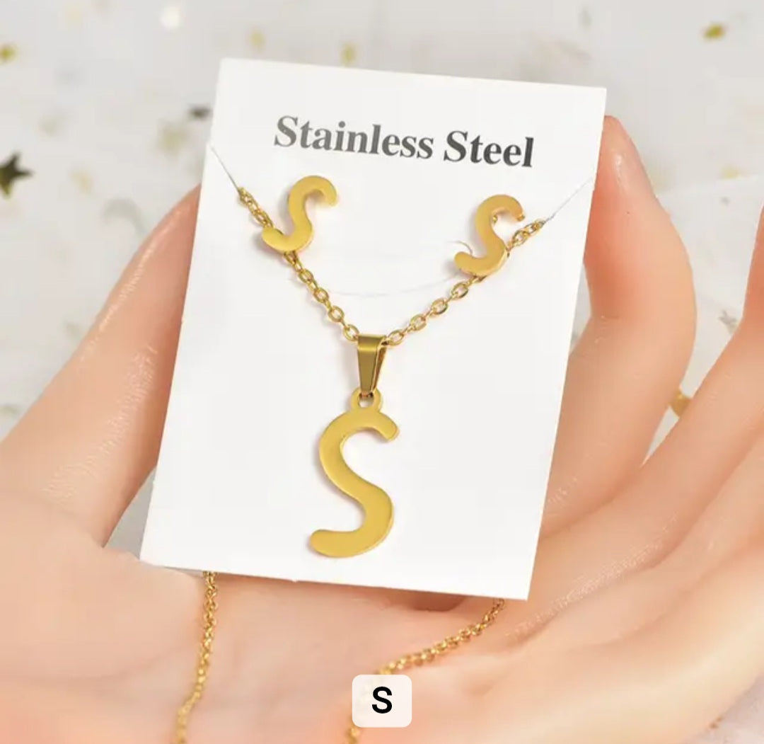 Stainless Steel Silver Gold Alphabet Necklace and Earrings set