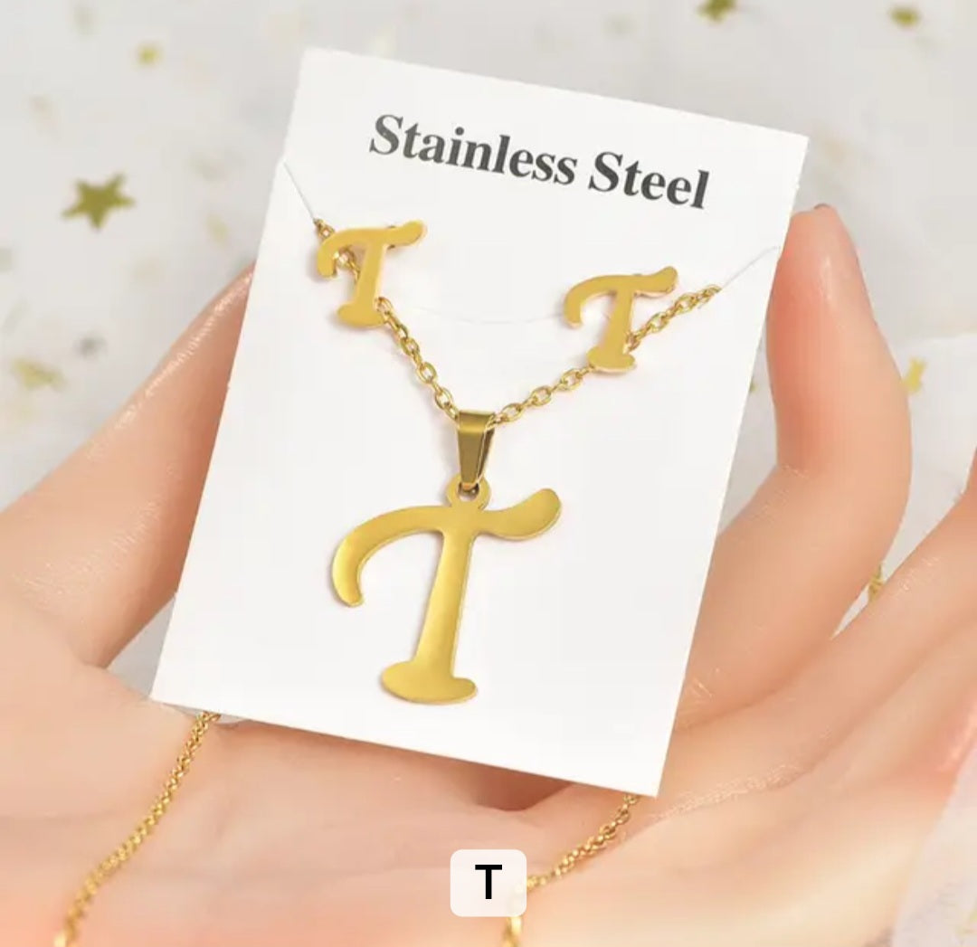 Stainless Steel Silver Gold Alphabet Necklace and Earrings set