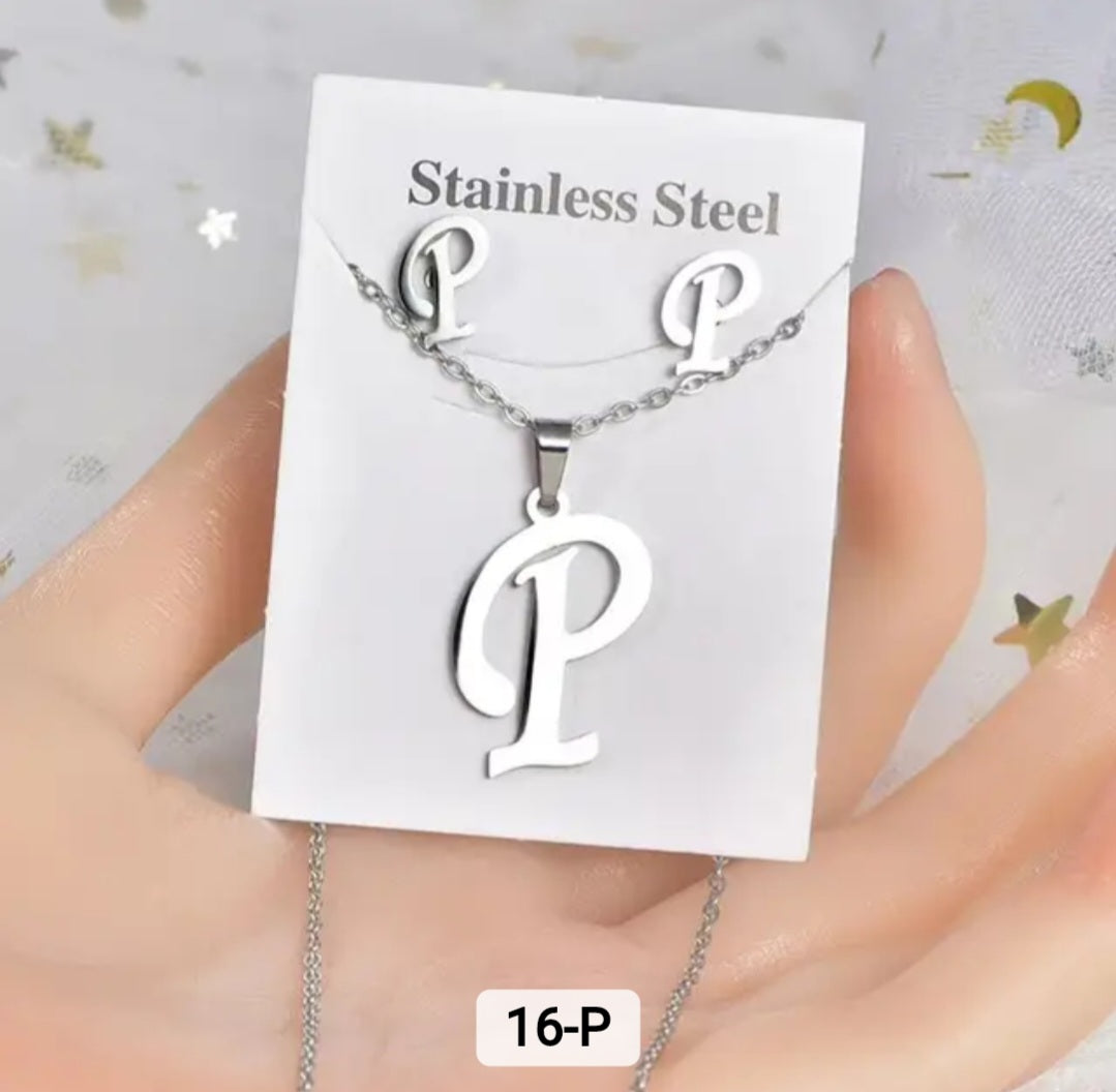 Stainless Steel silver Alphabet Necklace and Earrings