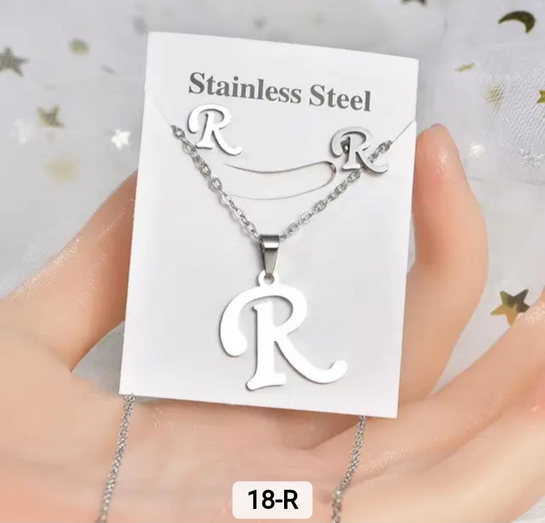 Stainless Steel silver Alphabet Necklace and Earrings