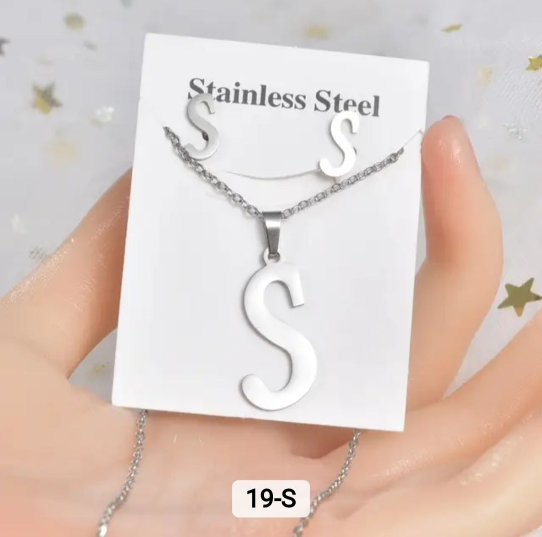 Stainless Steel silver Alphabet Necklace and Earrings