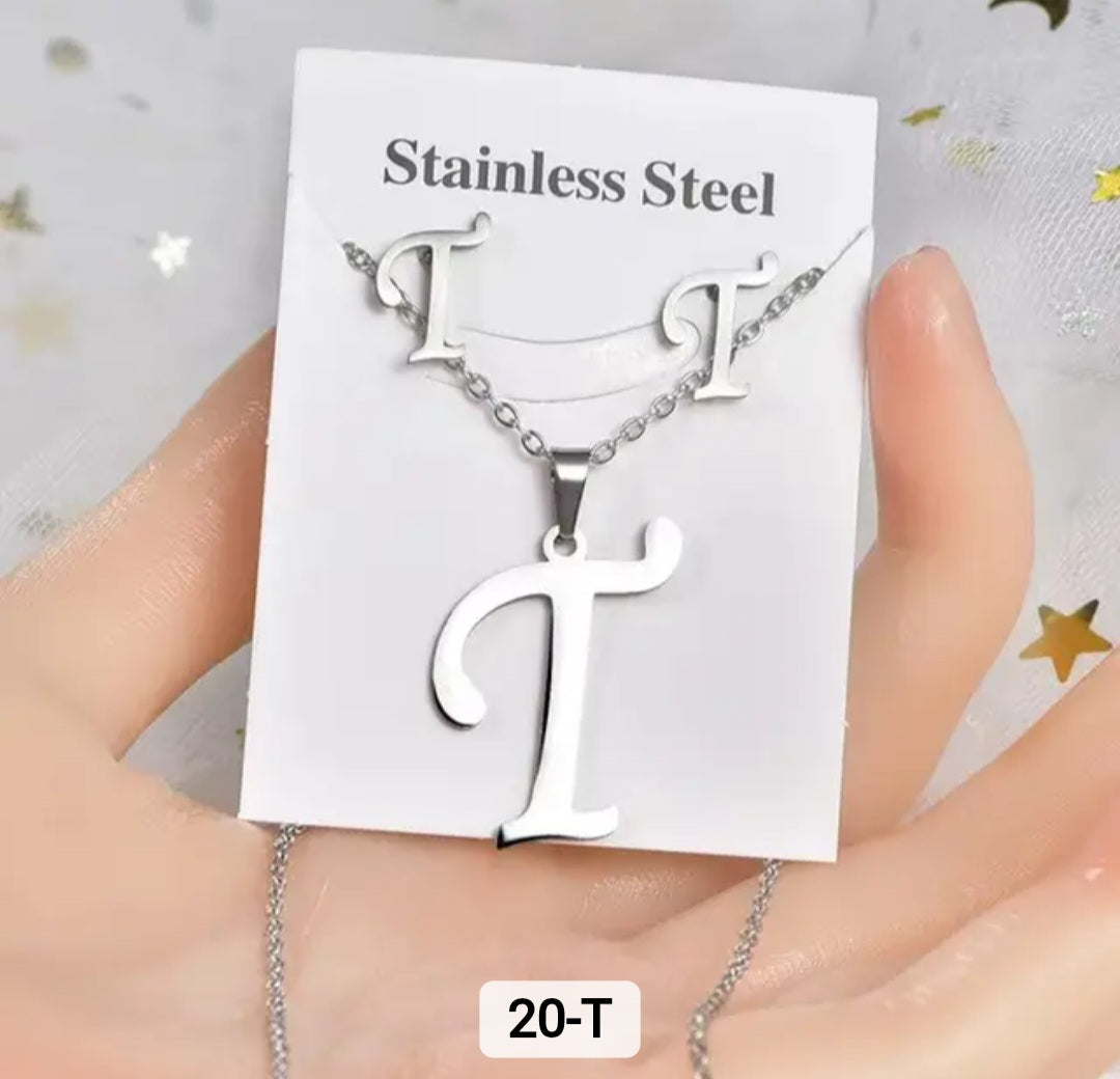 Stainless Steel silver Alphabet Necklace and Earrings