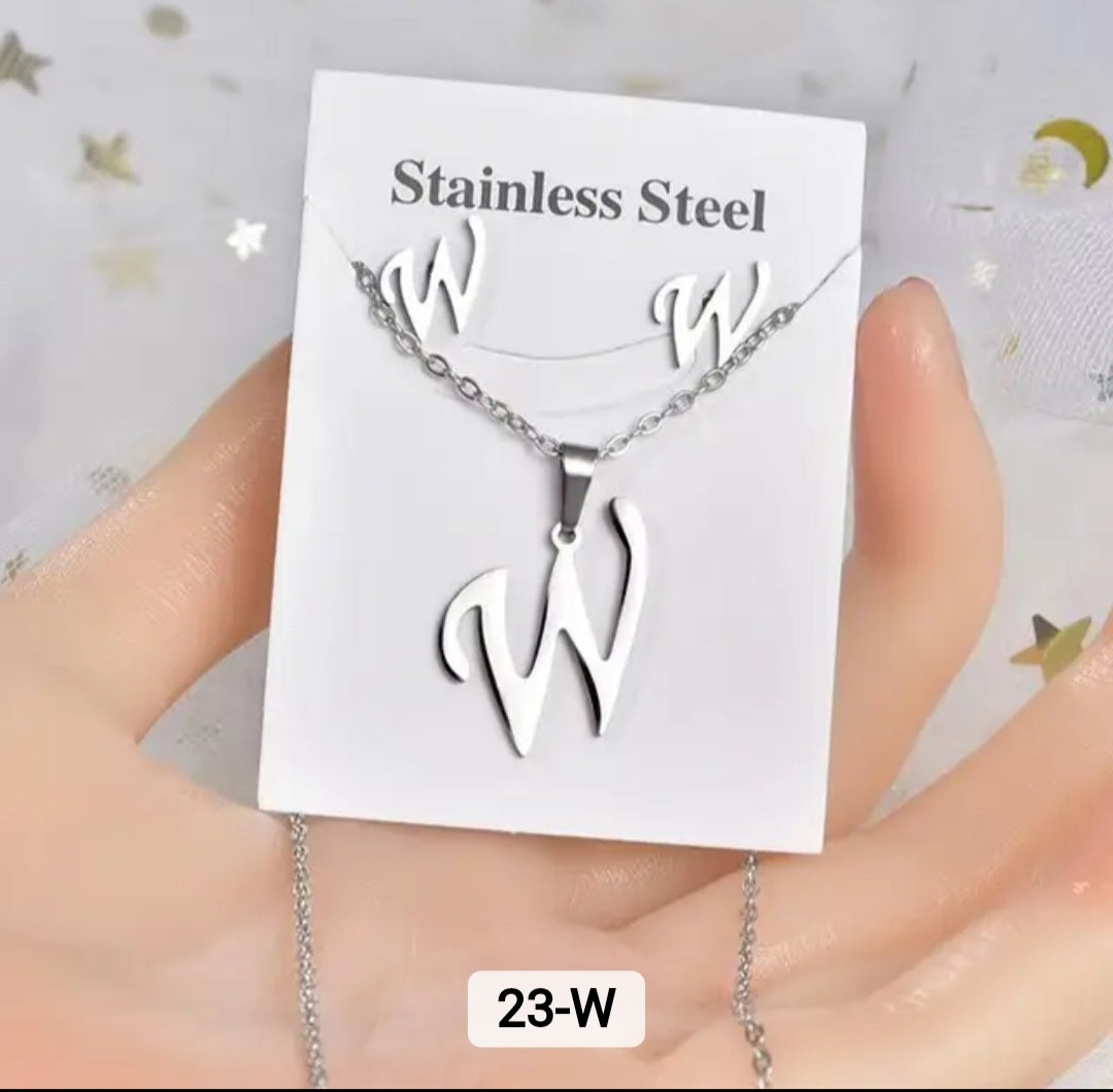 Stainless Steel silver Alphabet Necklace and Earrings