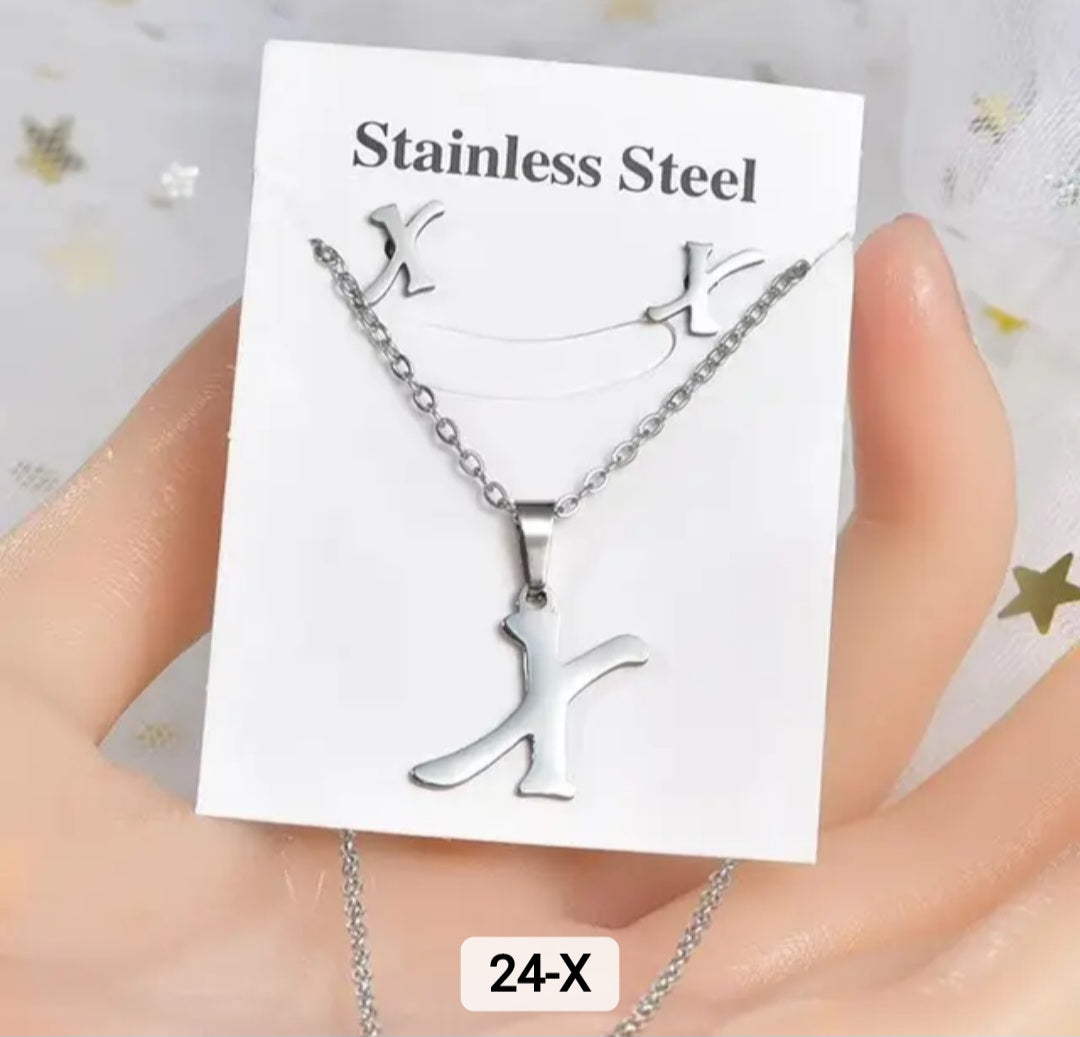 Stainless Steel silver Alphabet Necklace and Earrings