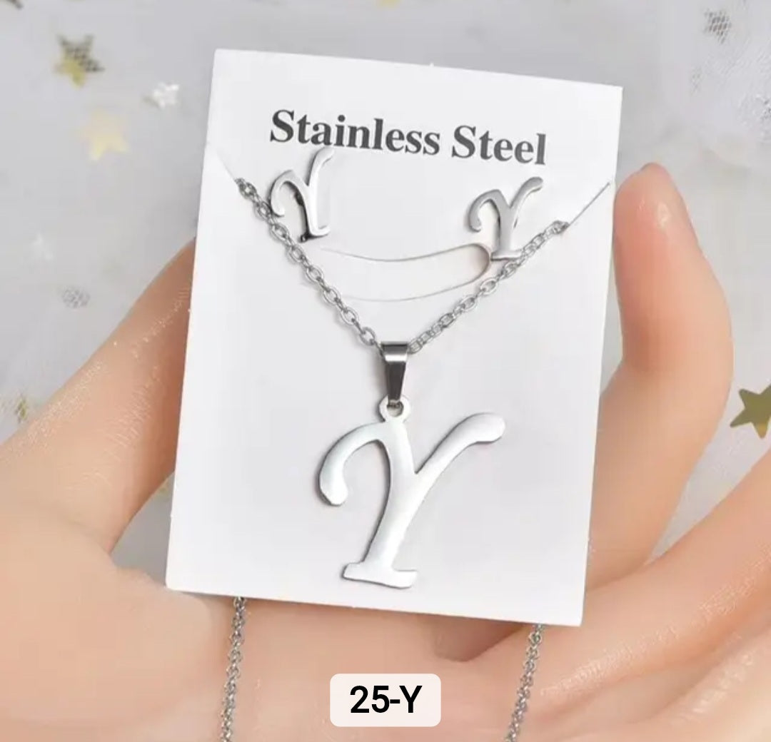 Stainless Steel silver Alphabet Necklace and Earrings