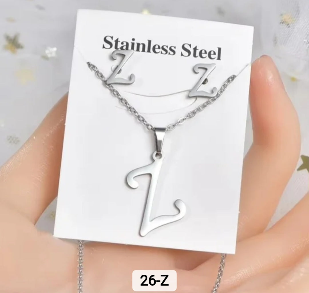 Stainless Steel silver Alphabet Necklace and Earrings