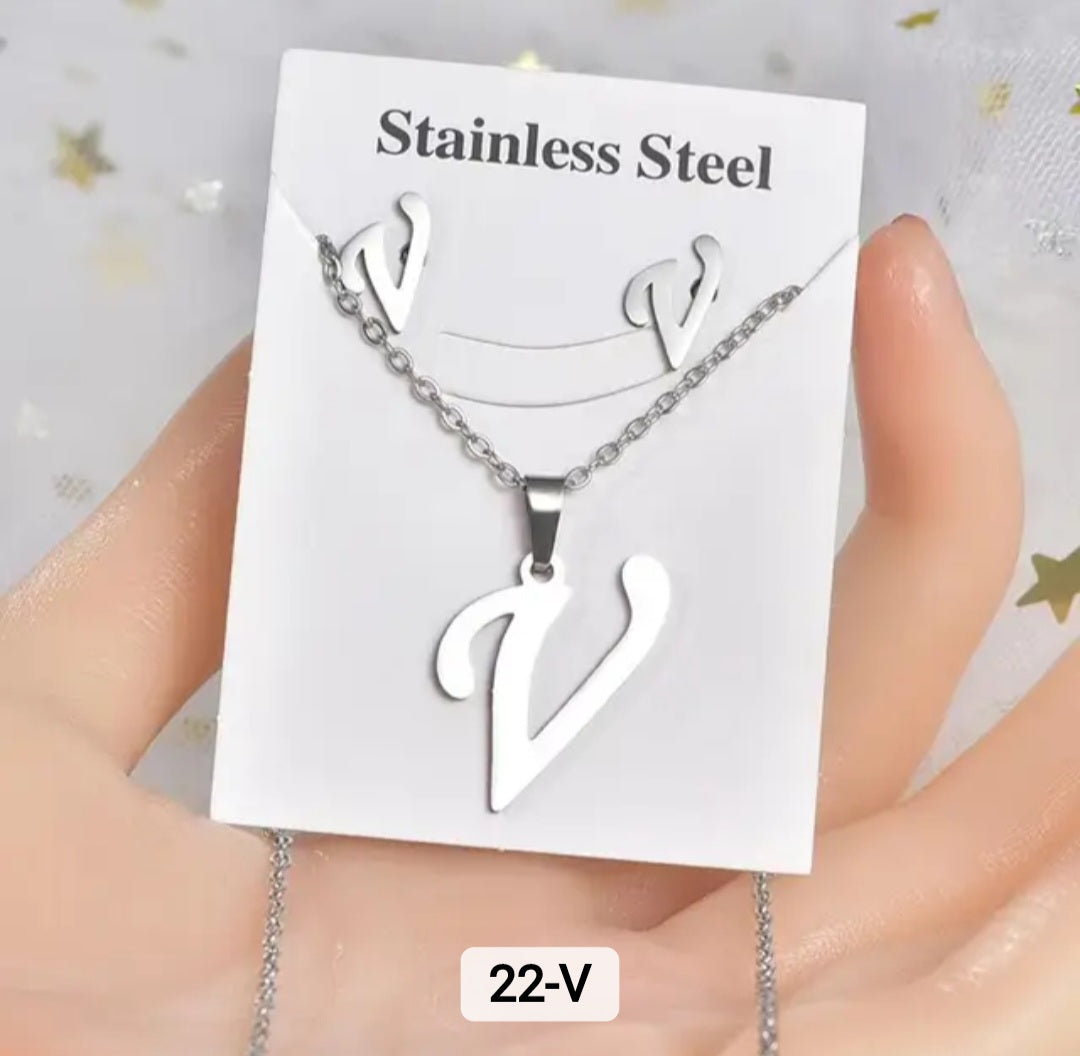 Stainless Steel silver Alphabet Necklace and Earrings