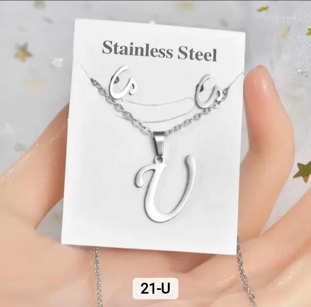 Stainless Steel silver Alphabet Necklace and Earrings